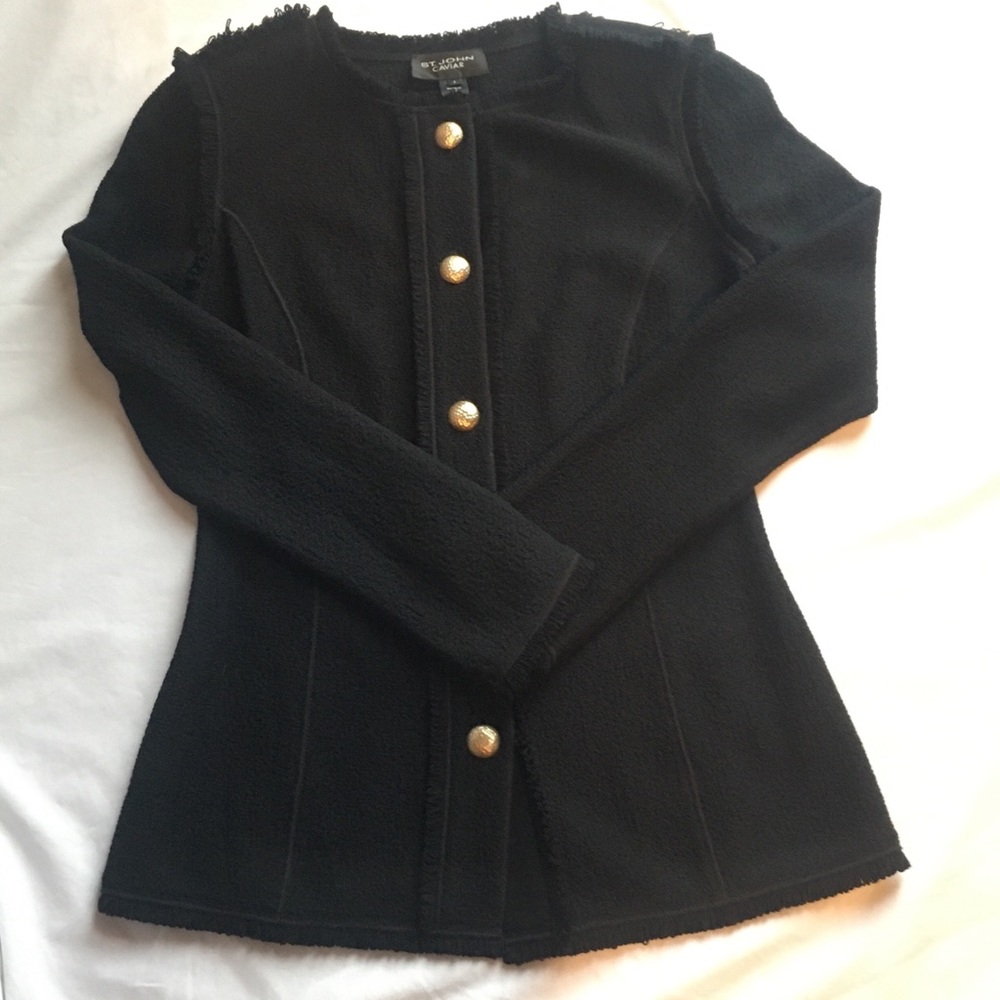 St. John Caviar Jacket with Fringe & Epaulettes